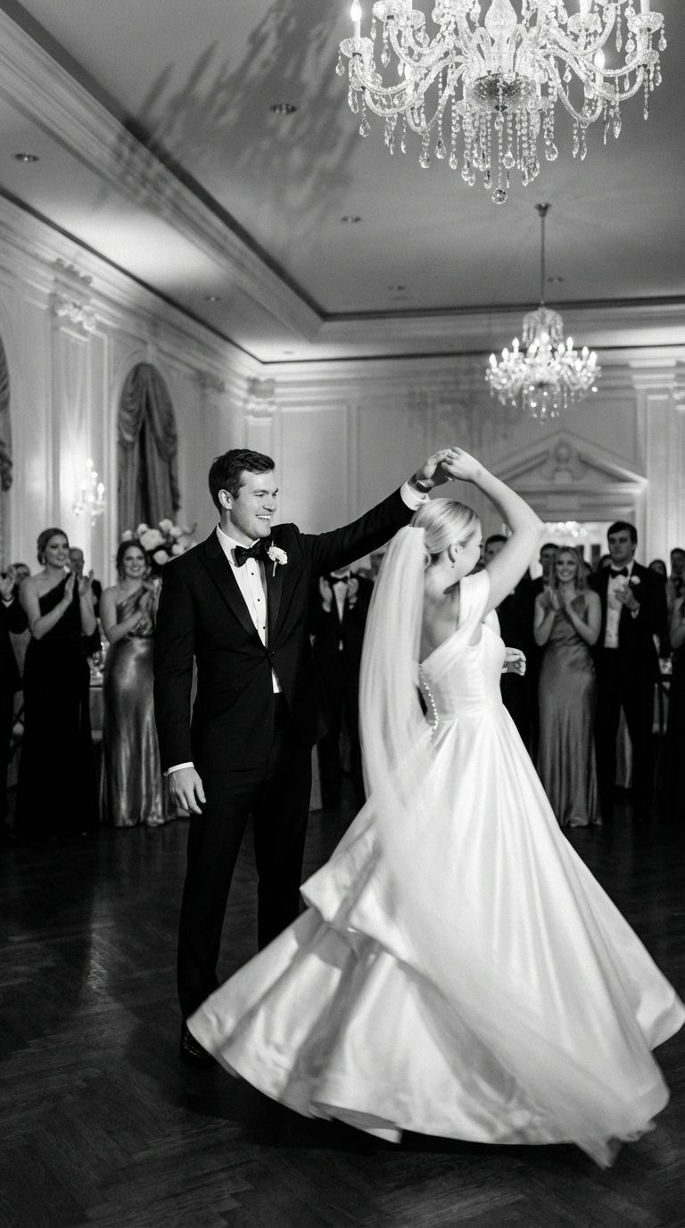 Braut dreht sich elegant unter dem Kronleuchter