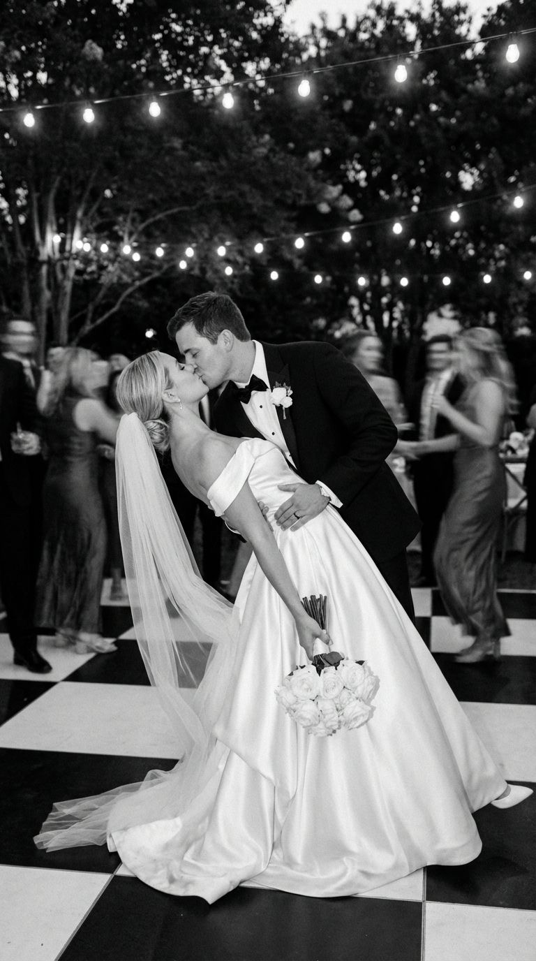 Brautpaar küsst sich auf der Tanzfläche unter Lichterketten